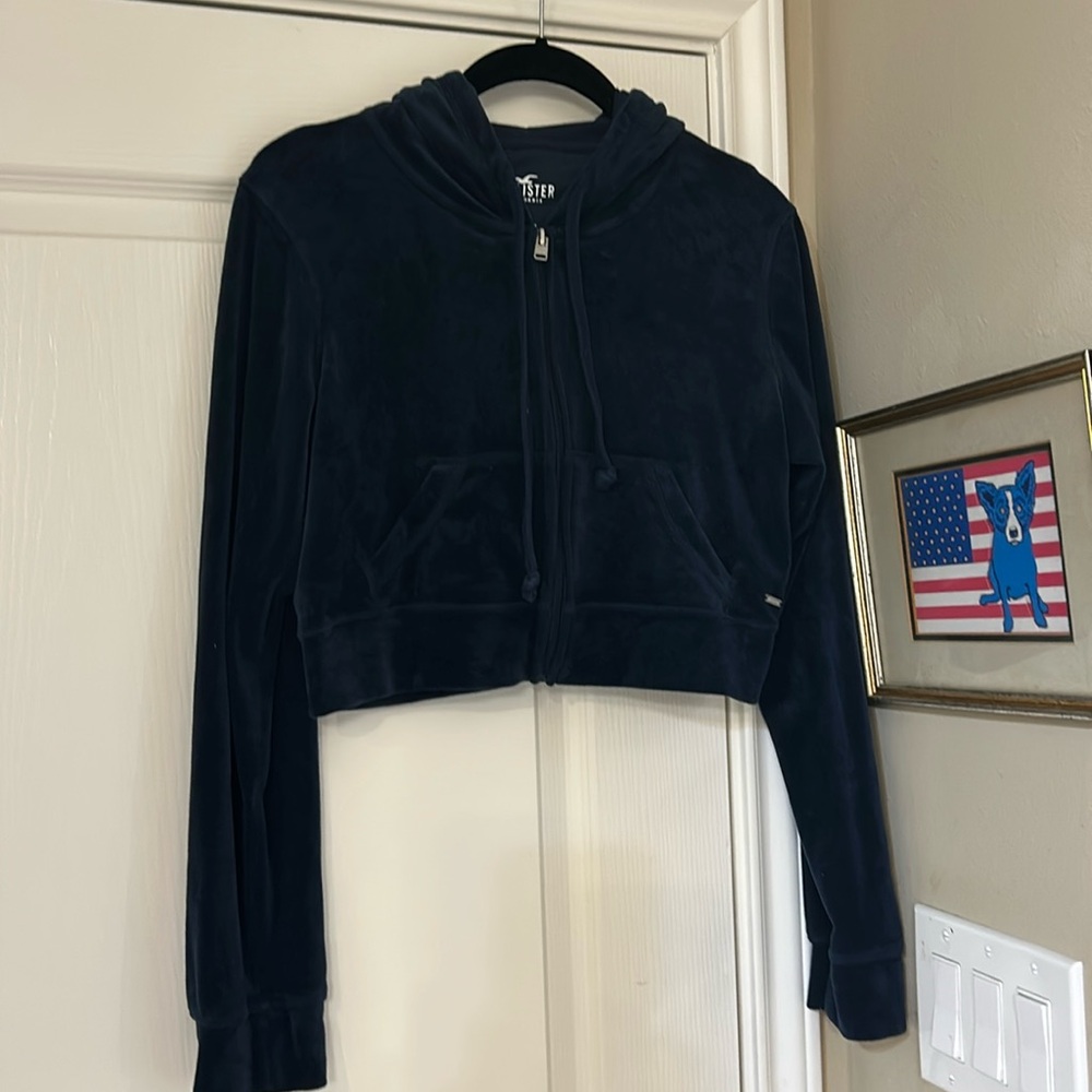 Hollister navy velour crop hoodie